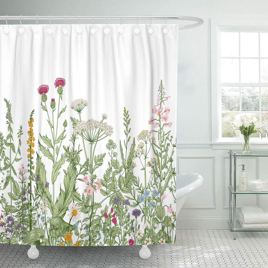 Tropical Green Leaves Plant On White Background Odorless Shower Curtains for Bathroom Showers and Bathtubs Decor with Hooks
