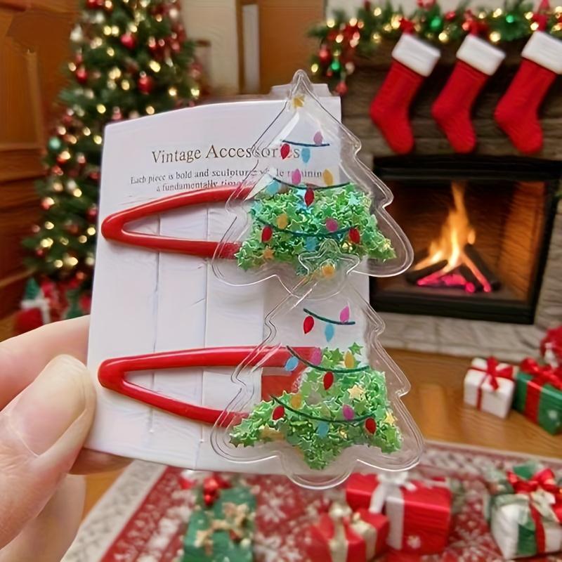 1 пара милых рождественских заколок для волос - Снеговик, Олень и Елка, аксессуары для волос с блестящими красными резинками, заколки для хвостика и челки