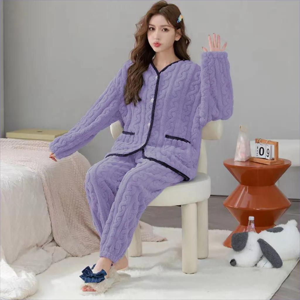 Winter Women Two-piece Set Pajamas Suit Thickened Plush Color Matching V-Neck Long Sleeve Single-breasted Coat Elastic Waist Loose Pants