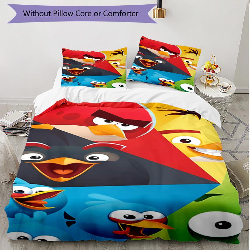 3pcs Duvet Cover Set (1*Duvet Cover + 2*Pillowcase, Without Core), Angry Birds Print Soft All‑Season Bedding Set, Home Bedroom Decor Gift