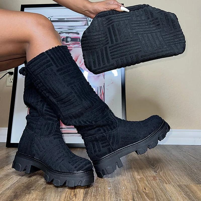 Модные женские длинные сапоги Дизайнерский бренд Махровые ботильоны до колена Женские на толстой подошве Розовые Зеленые Ботас Тон в тон