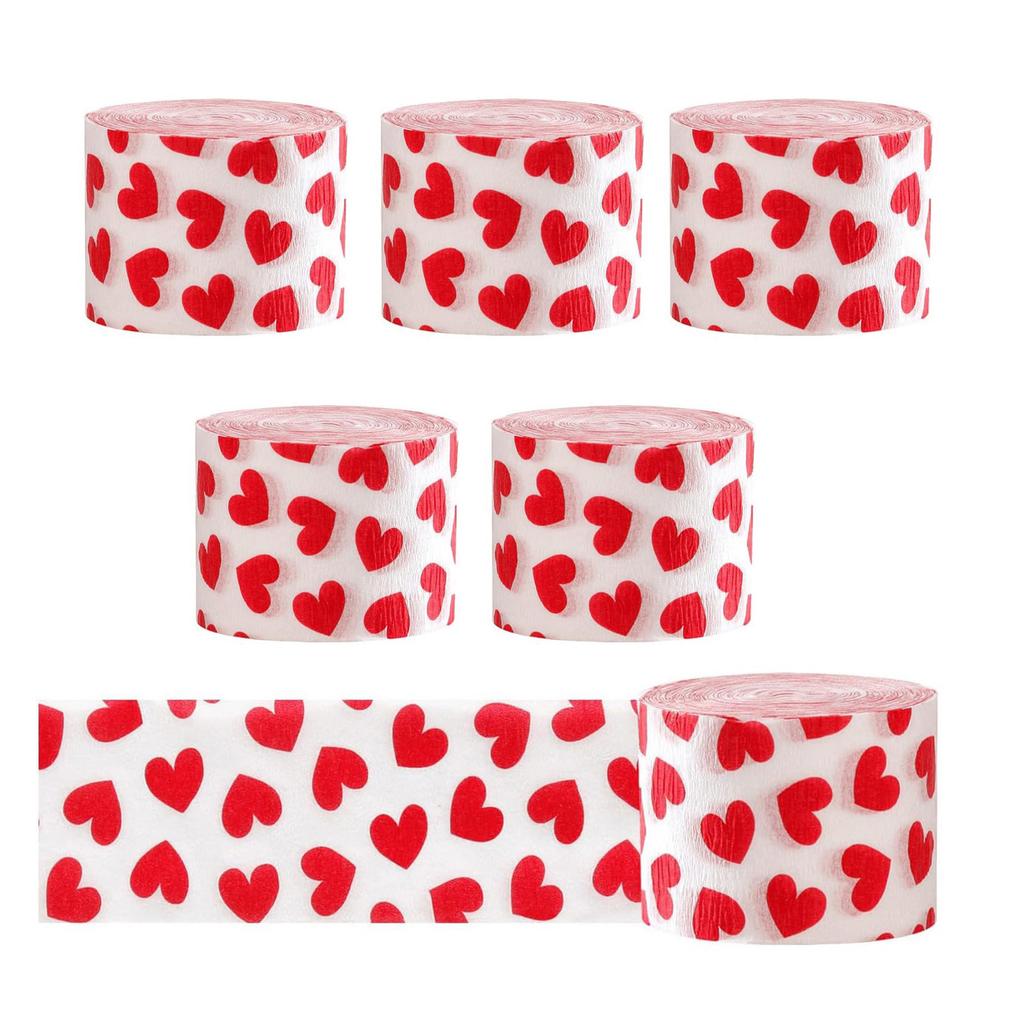 Pack Of 6 Valentines Heart Print Crepe Paper Rolls Colorful Ribbon Wedding Party Decorations Handmade Craft Supplies