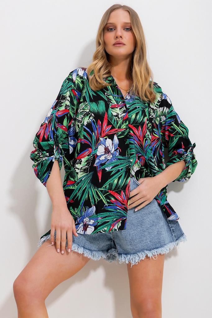 Women's Shirt New Season Fashion Green Patterned Woven Viscose Shirt