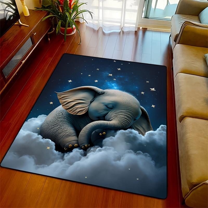 Dreamy Elephant Rug for Nursery | Starry Night Clouds Design | Soft Floor Mats for Baby Rooms Skid resistant carpet