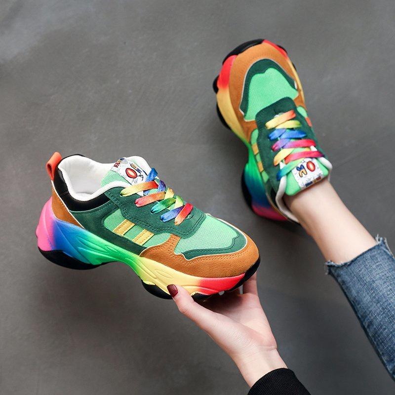 Радужные разноцветные массивные кроссовки, женская обувь на шнуровке, сетчатая толстая подошва, большие размеры