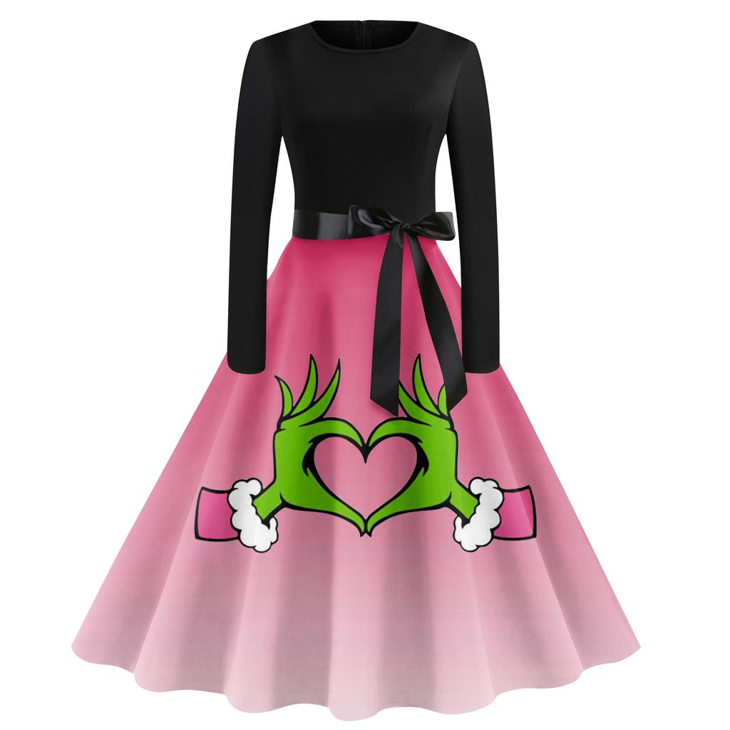 Женское винтажное классическое платье с воротником на талии и галстуком-бабочкой с длинными рукавами и рождественским принтом, с круглым вырезом, свободное платье