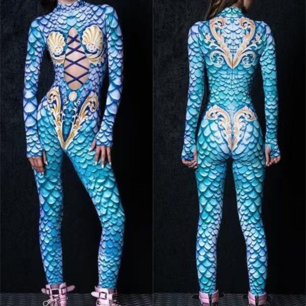 Женский костюм с вырезами 'Русалка', чешуя рыбы, ракушка, 3D-цифровая печать, костюм для косплея на Хэллоуин, комбинезон для взрослых, карнавал, вечеринка, танцы, маскарад