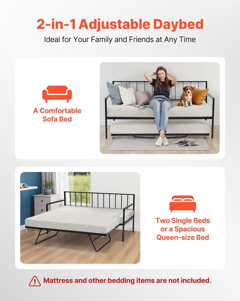 Twin Size Daybed Frame, Height Adjustable Day Bed with Trundle, Heavy Duty Metal Platform Bed Frame with LED Light and Charging Station, Twin Daybed