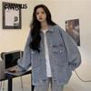 Denim Jacket Women's Plus Size Autumn Retro BF Style Letter Printed Loose Long Sleeve Top