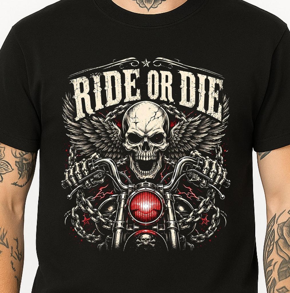 Skull Wings T-Shirt Ride Or Die Biker Motorcycle Chopper Gothic Graphic Tee.