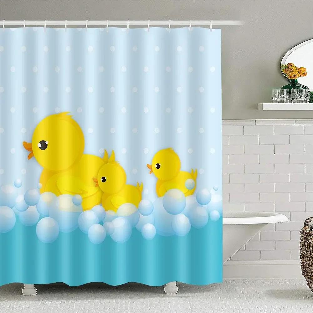Duck Shower Curtain Cartoon Character Taking A Bath Colorful Drops Backdrop Dots,Cloth Fabric Bathroom Curtains with Hooks