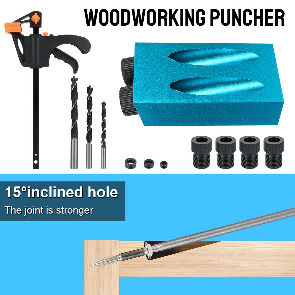DIY Carpentry Tools Set Woodworking Hole Drilling Guide Locator 7/14/15Pcs Carpenter Positioner 15 Degrees Pocket Hole Jig Kit Hole Puncher