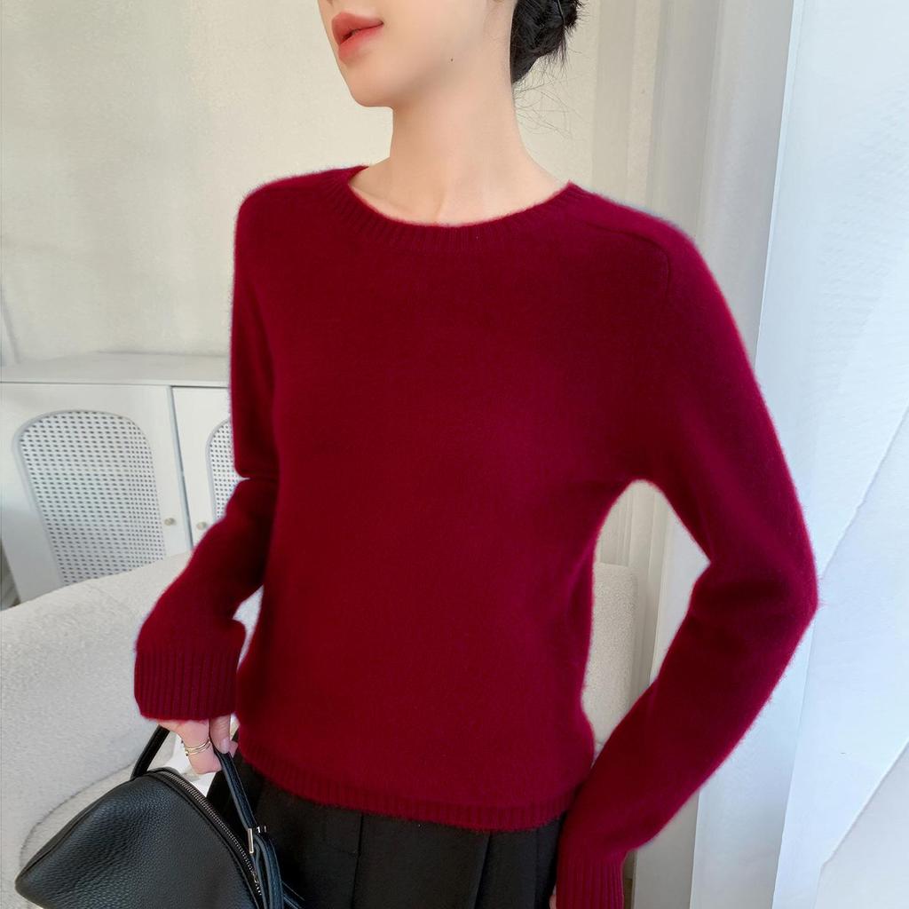 2025 Autumn/Winter Women's Elegant Cashmere Knit Top, Long Sleeve, Loose Fit, Solid Color, Round Neck Sweater