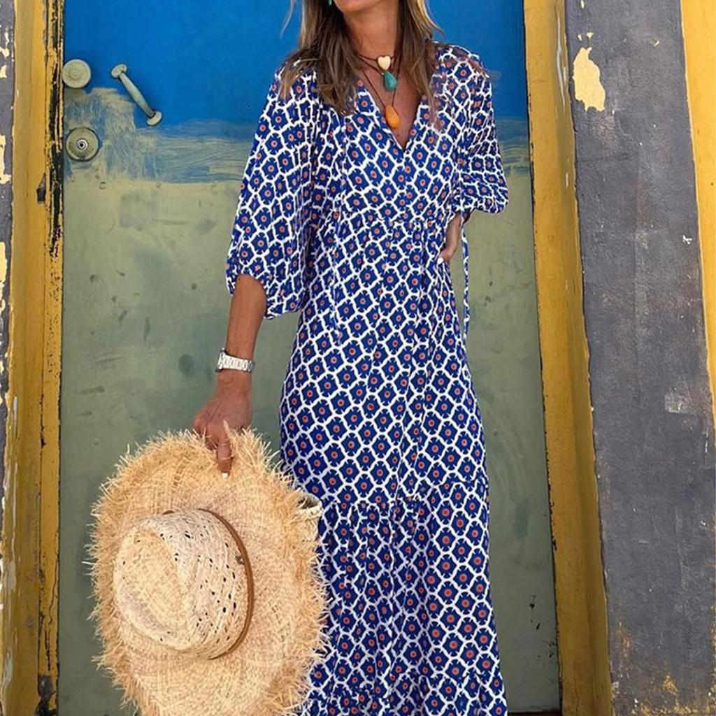 Women Floral Print Bohemian Long Dress Loose V-Neck Fashion Summer Beach Dress