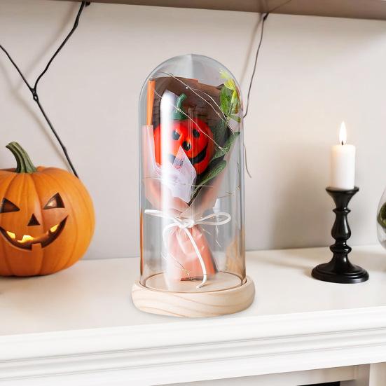 Halloween Light Up Pumpkin In Clear Cloche Handmade Glowing Pumpkin Light for Home Kitchen Mantel Tabletop Indoor Halloween Decoration