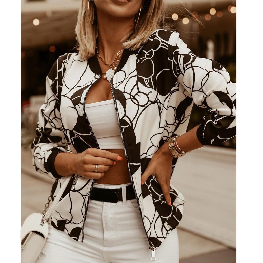 Женская мода с длинным рукавом на молнии с принтом повседневная короткая куртка пальто