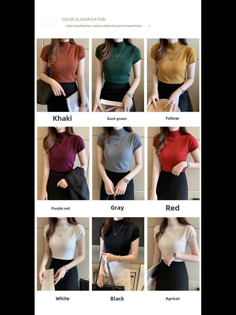 2024 Women's Slim Fit Knitted Half Turtleneck Short-Sleeve Sweater Top