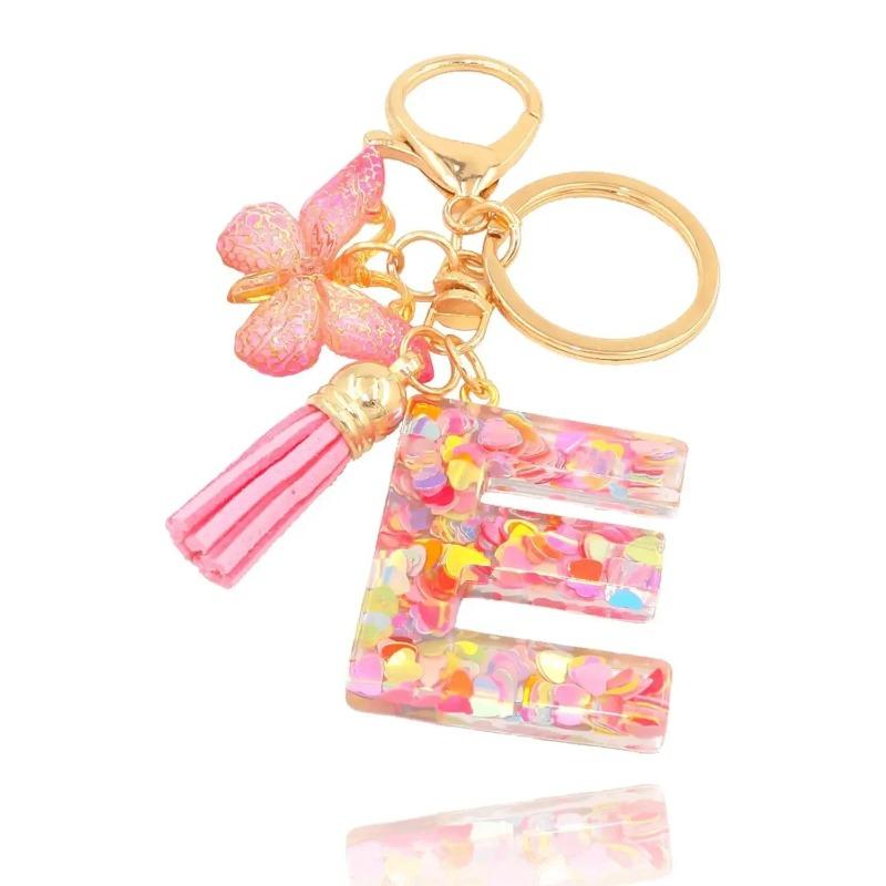 A-Z Dreamy Letters Keychain for Women Tassels Butterfly Pendant Initial Keyrings Purse Suspension Bags Car Key Chain Pink