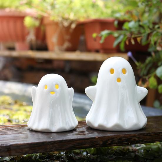 2 Pcs Ceramic Ghost Figurine Light-Up White Ghost Statue Small LED Ghost Halloween Tabletop Sculptures for Indoor Table Tray Shelf Bedroom Decor