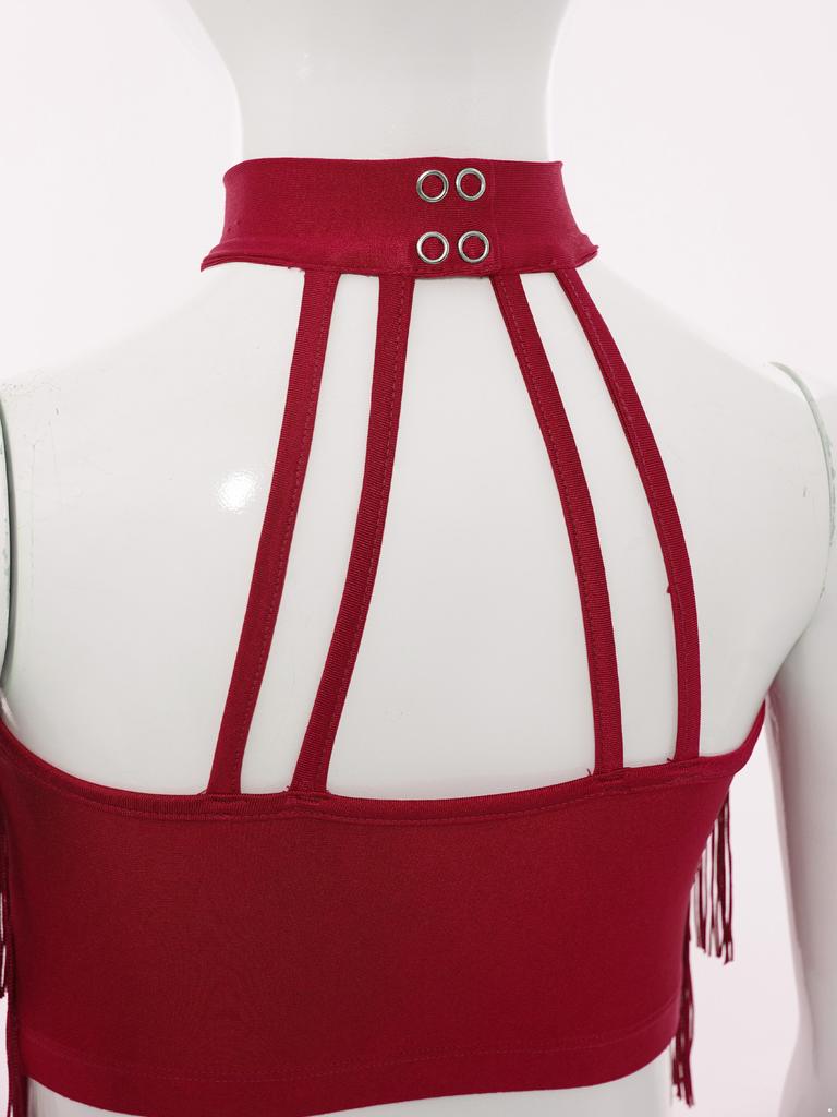 Девочки Сальса Латинские Танцы Укороченный Топ: Безрукавка с бахромой и ремешками на спине с многоярусной бахромой для соревнований