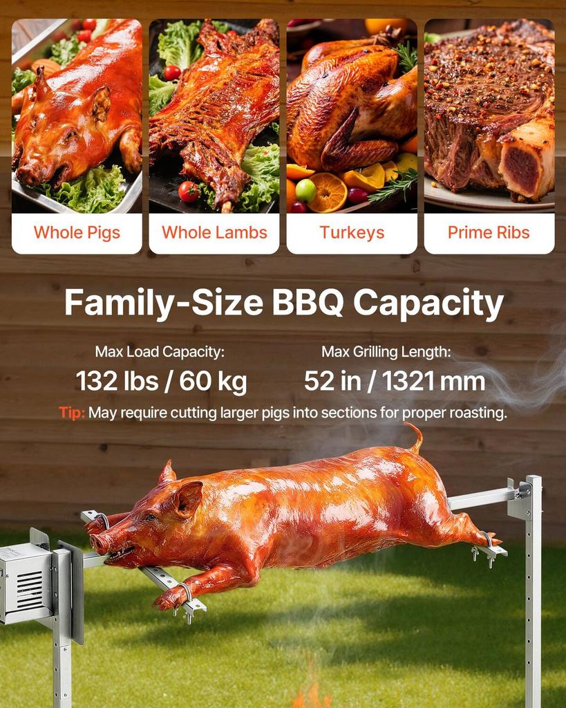 Rotisserie Grill, AC220-240V 8 Level Height Electric Rotisserie Grill Kit, BBQ Grills Rotisseries Kit with 60 kg Load Capacity, 38W Motor, Stainless
