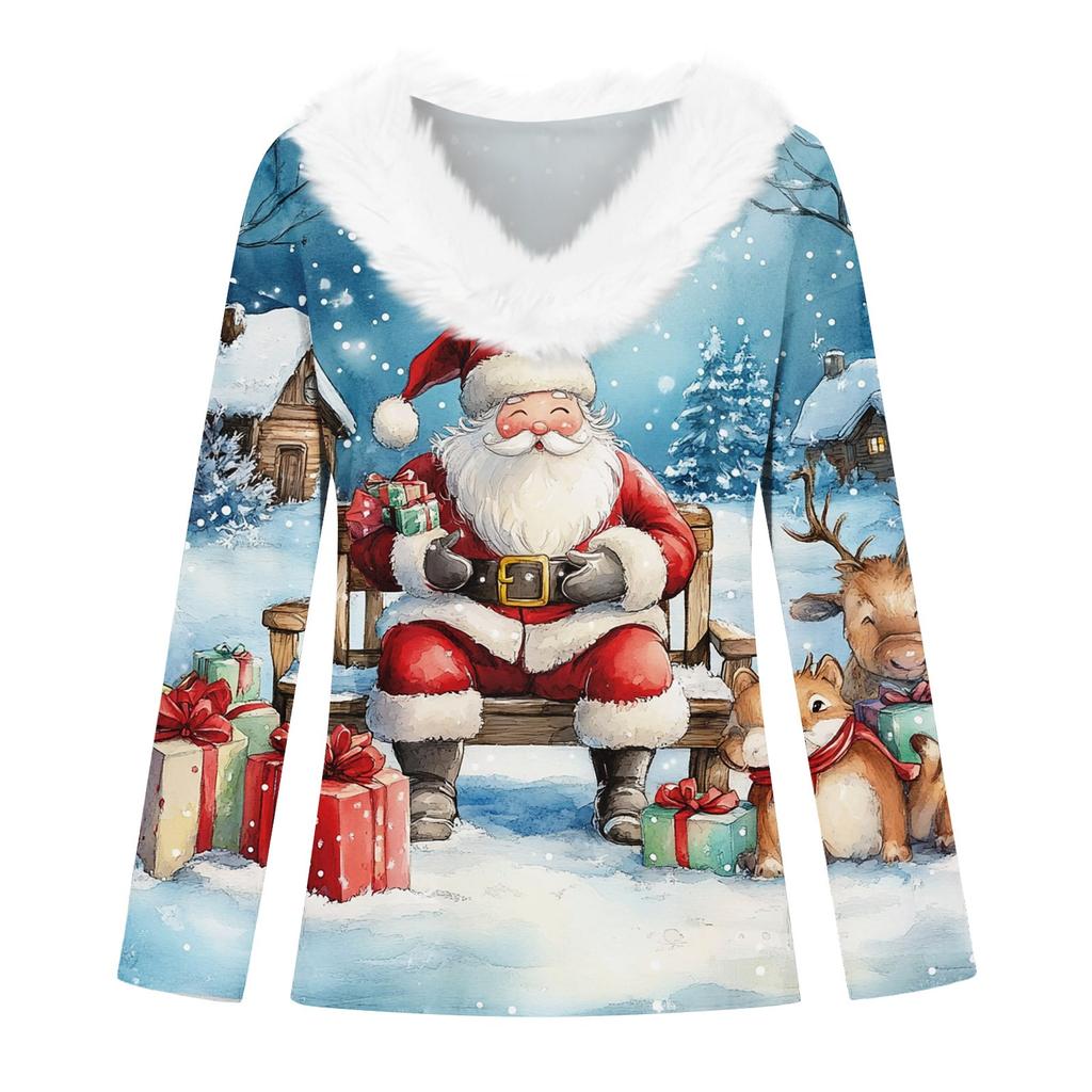 Женская мода с длинным рукавом и рождественским принтом, праздничный воротник, V-образный вырез