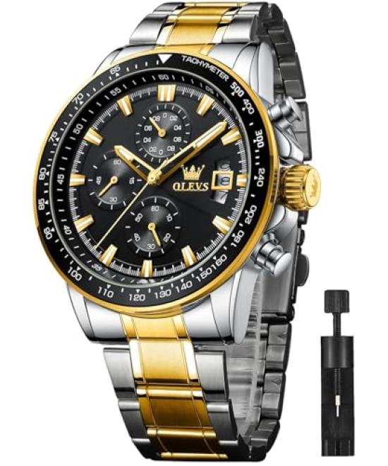 OLEVS Men's Quartz Watch, Stylish Multi-Function Watch with Stainless Steel, Waterproof, Luminous Display, Date Display, Analogue Watch for Men,