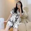 Pajamas Women'S Short-Sleeved Shorts Lapel Cardigan Cool Ice Silk Loungewear Antique Ink Painting Two-Piece Set