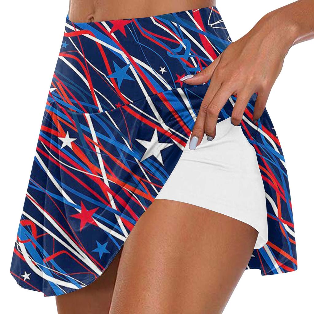 Women's Summer Casual Sports Fitness Running Yoga Tennis Skirt Independence Day Printed Pleated Skirt Shorts