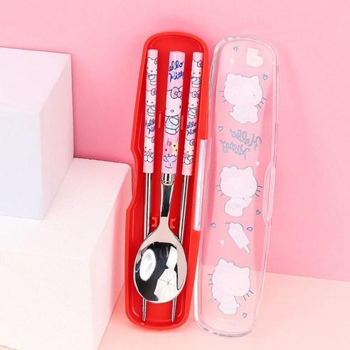 Lightweight Stainless Steel Baby Spoon and Chopstick Set, Kitty Red