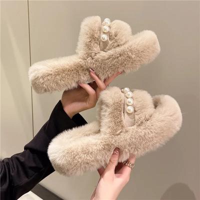 Новые женские толстые тапочки на плоской подошве с открытым носком, домашняя хлопковая обувь для спальни с жемчугом, модные теплые шлепанцы, повседневная плюшевая обувь 2024
