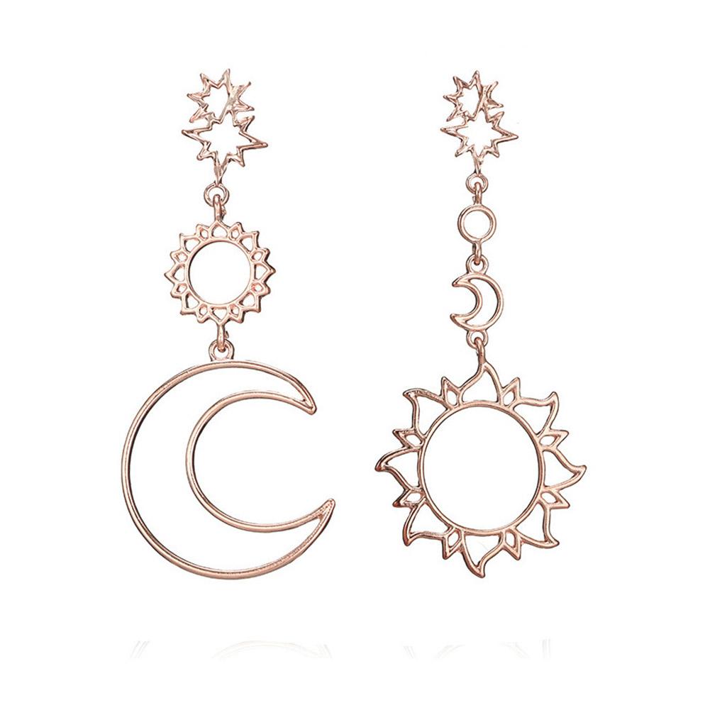 Women Stylish Sun Moon Asymmetric Earrings Simple Long Tassel Earrings