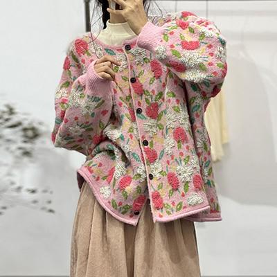 Зима Новинка Плюс Размер Осень Женщины Цветочные Пуговицы Свитера Куртка Вязание Мода Оверсайз Повседневный Стиль Свободный Кардиган Свитер