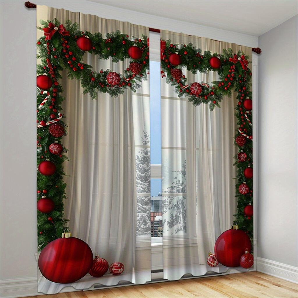 Christmas Ball Stars Decorated Curtain Red Holiday Ribbon Curtain a Set of Two, Home Living Room Bedroom Kitchen Shade Curtain