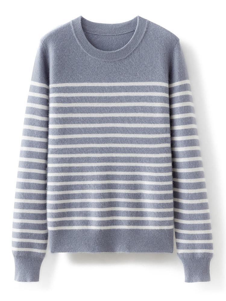 Women's Loose Fit Striped Cashmere Knit Pullover Sweater, Round Neck, Long Sleeve, Korean Style Base Layer