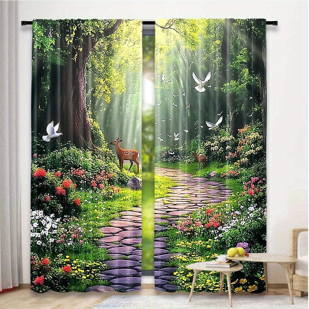 2 Panels Forest Scenery Printed Curtains Deer Bird Window Drapes Polyester Living Room Bedroom Nature Home Decor