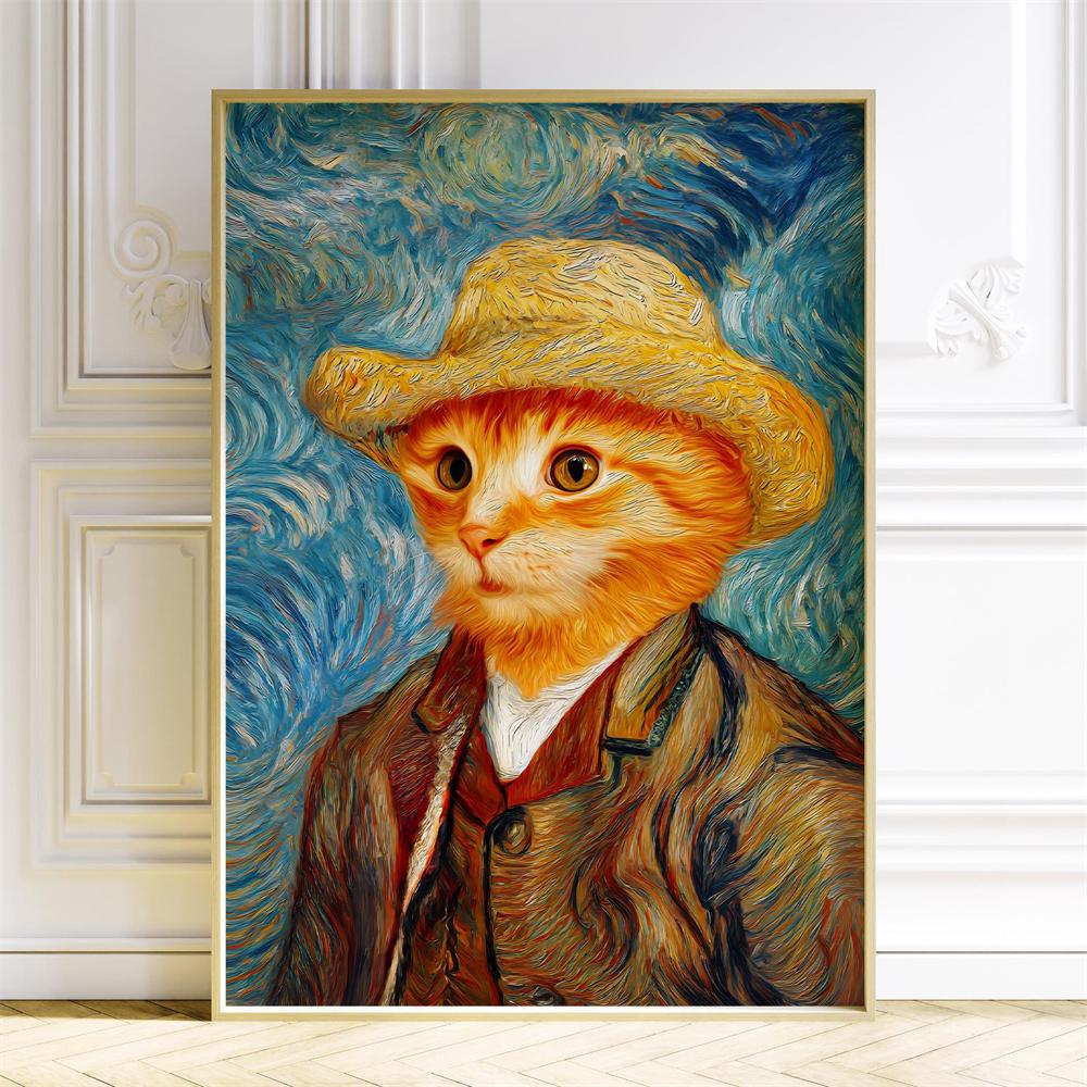 Cat With Pearl Earring Print Mona Lisa Cat Classic Art Cat Poster Renaissance Style Wall Art Parody Cat Canvas Painting Decor