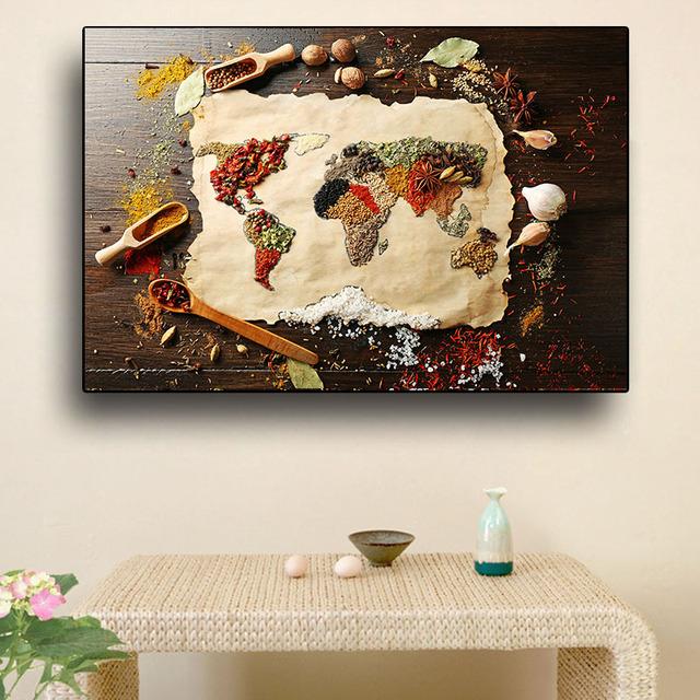 Grains Spices World Map Kitchen Canvas Painting Abstract Still Life Posters and Prints Pictures Living Room Home Decor No Frame