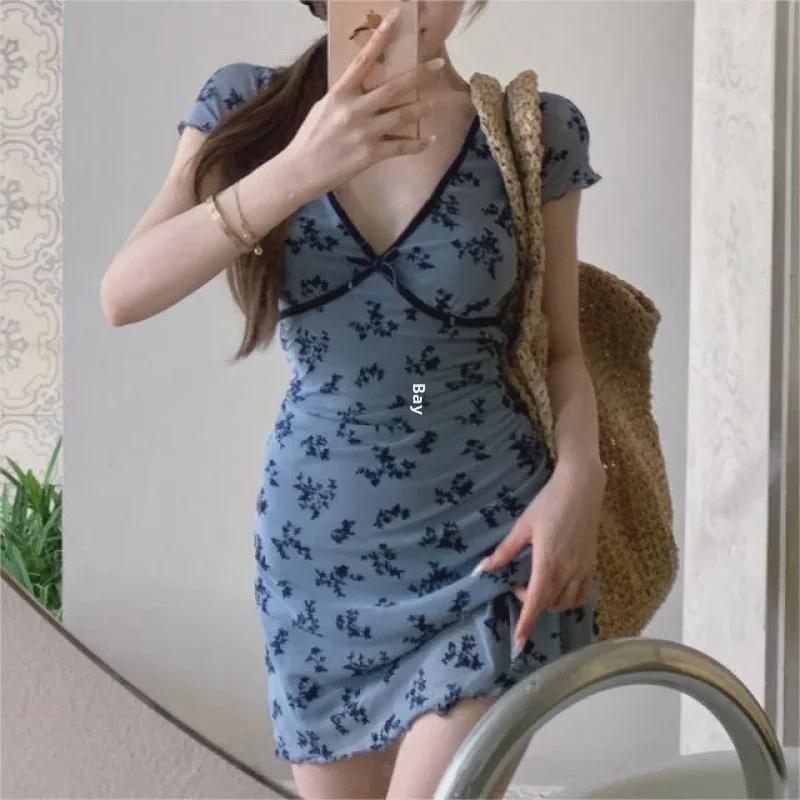 2024 Женское ретро-цветочное платье с глубоким V-образным вырезом, утягивающее, короткое, А-силуэт
