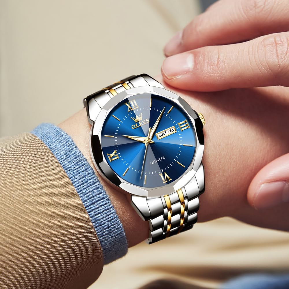 OLEVS Men's Watch Stainless Steel Band Date Display Chronograph 40mm Business Formal Waterproof 10 ATM Gold blue white