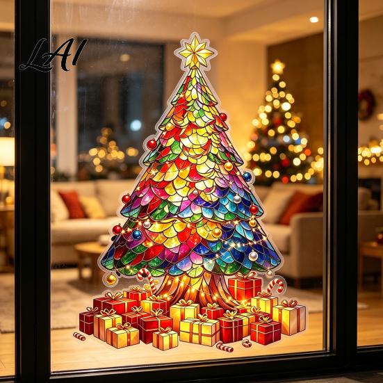 Christmas Theme Window Murals Stained Glass Style Tree Stickers Removable PVC Static Cling Decals for Holiday Home Decor Waterproof Stickers Living