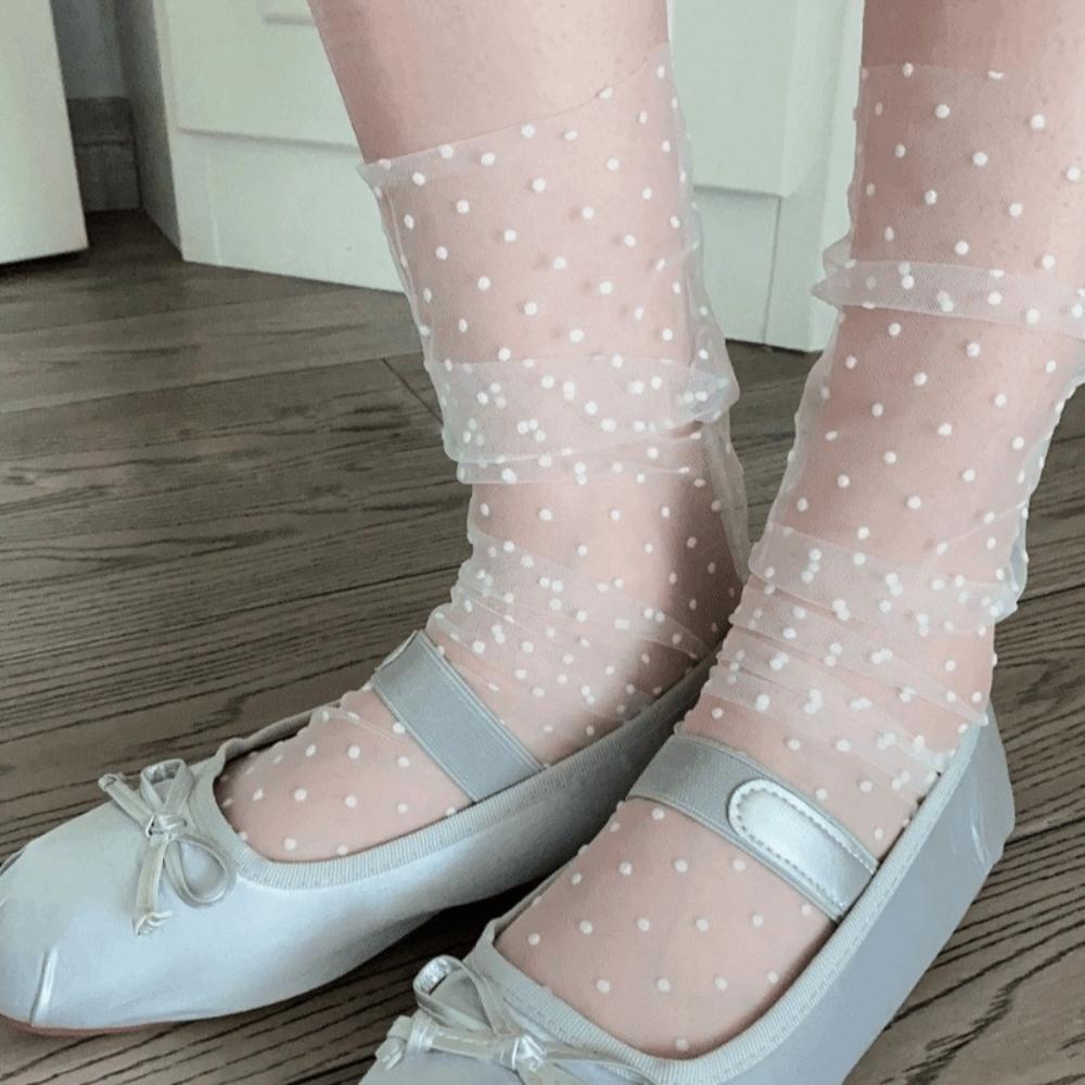 JK Mid Tube Socks Transparent Stacked Stockings Versatile Polka Dot Mesh Socks Student