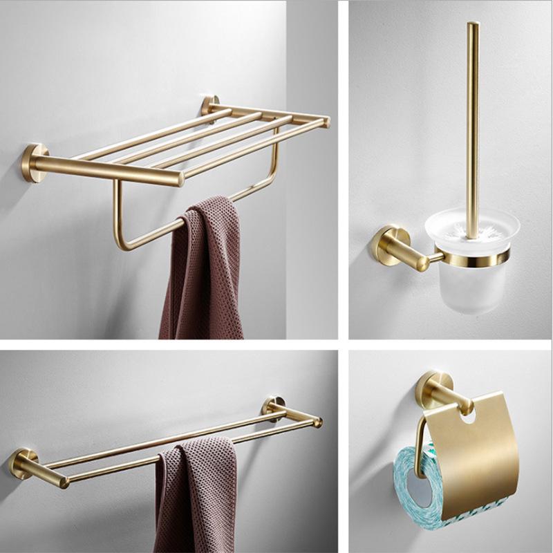 Brushed Gold 304 Stainless Steel Bathroom Set: Towel Rack, Ring, Storage Shelf, Toilet Paper Holder, and Clothes Hook.