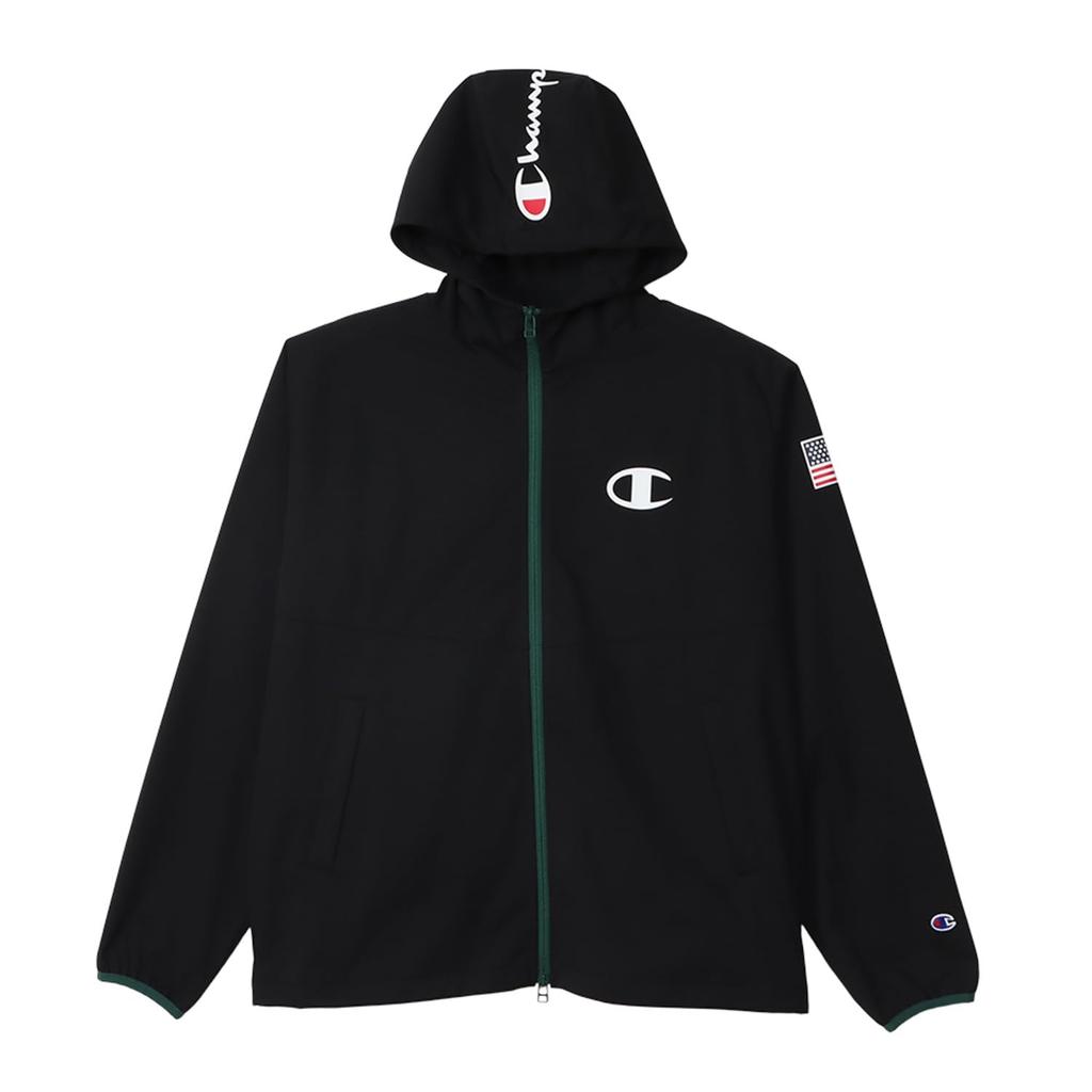 Champion Long Sleeve Stretch Windproof Zip Hooded Jacket with Men's Anti-Static Water-Repellent One-Point Logo, Black, C3-ZG601