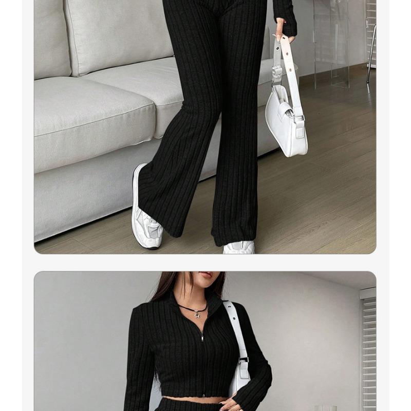 Women S Seamless Knit Tracksuit Set Zip Up Jacket Flared Pants Fall Casual