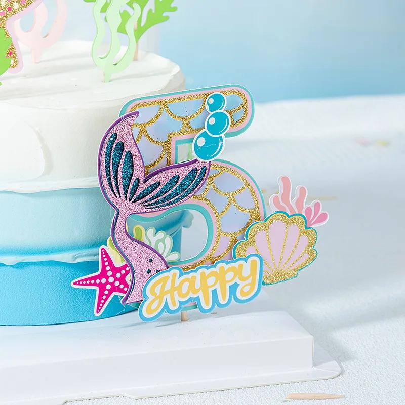 Украшение для вечеринки «Русалочка» 0-9 лет, блестящий хвост русалки, украшение для торта, украшение для первого дня рождения девочки, подводные принадлежности для вечеринки