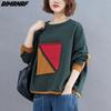 Plus Size 2023 Women Bat Hoodies & Sweatshirts Patchwork Loose Casual Autumn Basic Long Sleeve Tops T-Shirt New Green Pullover