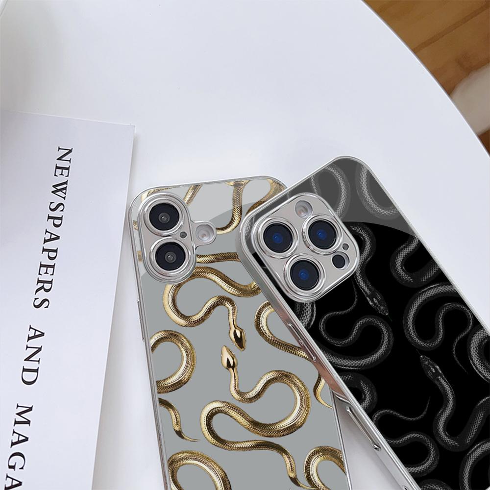 Чехол N135 Black Gold Snake art для iPhone 16 15 11 Pro Max Samsung S24 S23 A54 A35 Xiaomi Redmi Note 13 12 Pro с покрытием из закаленного стекла