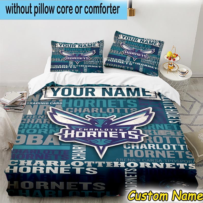 3pcs Custom Name Charlotte-Hornets Logo Bedding Set Includes 1 Duvet Cover & 2 Pillowcases for All Seasons Dormitory Home Decor Christmas gifts