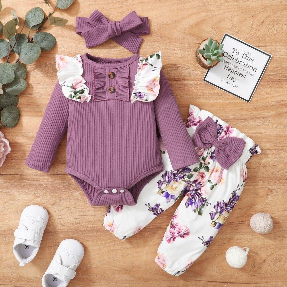 3 шт./компл., одежда для новорожденных девочек, боди с рюшами на рукавах, комбинезон, топ + штаны с цветочным принтом + повязка на голову, комплект одежды для младенцев, От 3 до 24 месяцев